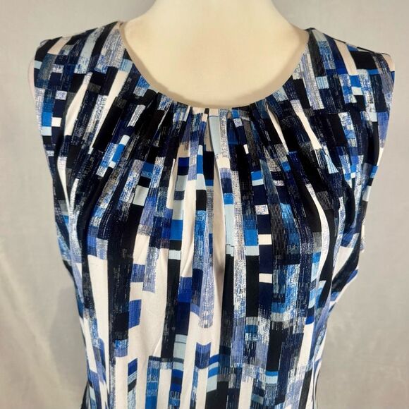Calvin Klein black blue and white abstract print pleated neck top size large - Picture 3 of 8